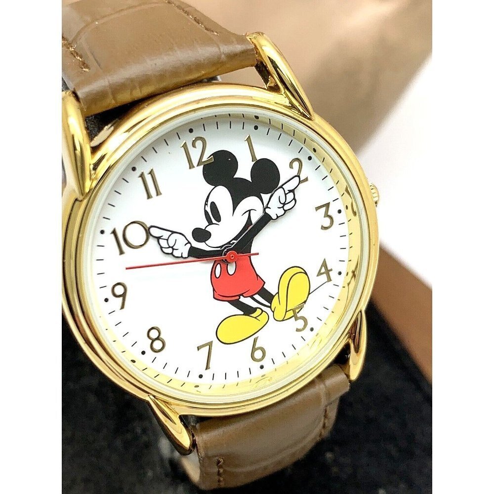 Disney Mickey Mouse Women's Watch White Dial Quartz Brown Leather Band W…